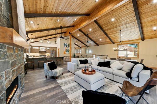 Dining room, Fireplace, Interior, Kitchen, Living room, Pendant Lights, Recessed Lighting, Stone Walls, Wooden Beams, Wooden Ceilings, Wood Texture Flooring