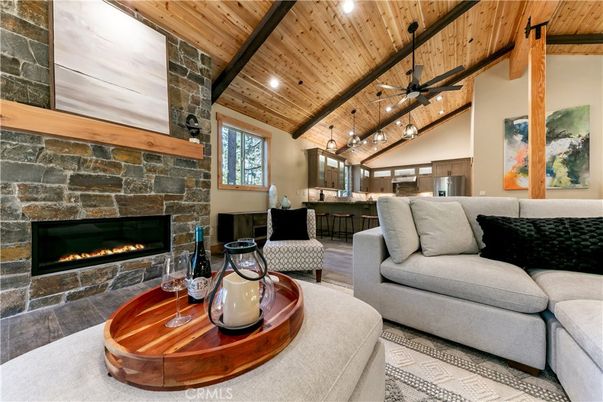 Fireplace, Interior, Kitchen, Living room, Pendant Lights, Recessed Lighting, Stone Walls, Wooden Beams, Wooden Ceilings