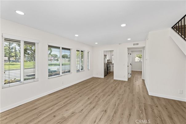 Empty room, Interior, Kitchen, Recessed Lighting, Wood Texture Flooring