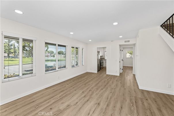 Empty room, Interior, Kitchen, Recessed Lighting, Wood Texture Flooring