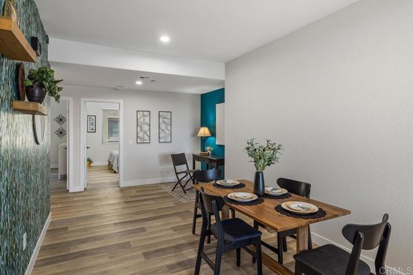 Dining room, Interior, Recessed Lighting, Wood Texture Flooring