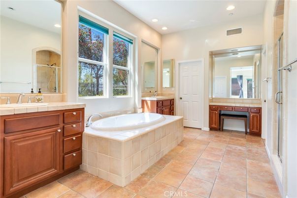 Bathroom, Dual Sink Vanities, Interior, Recessed Lighting, Tile Countertops