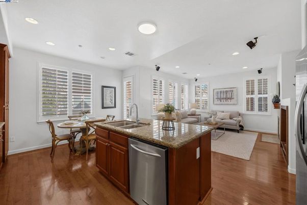 Dining room, Interior, Kitchen, Living room, Recessed Lighting, Wood Texture Flooring