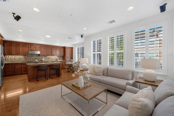Interior, Kitchen, Living room, Recessed Lighting, Stainless Steel Appliances, Wood Texture Flooring