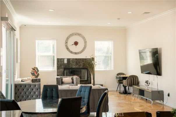 Dining room, Fireplace, Interior, Recessed Lighting