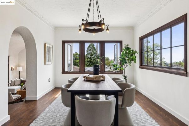Dining room, Interior, Pendant Lights, Wood Texture Flooring