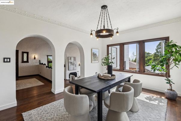 Dining room, Interior, Pendant Lights, Wood Texture Flooring