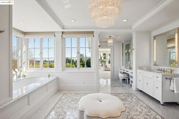 Bathroom, Chandelier, Dual Sink Vanities, Interior, Recessed Lighting