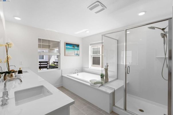 Bathroom, Dual Sink Vanities, Glass Shower, Interior, Recessed Lighting
