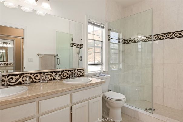 Bathroom, Dual Sink Vanities, Glass Shower, Interior, Tile Countertops