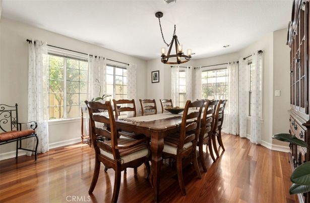 Chandelier, Dining room, Interior, Wood Texture Flooring