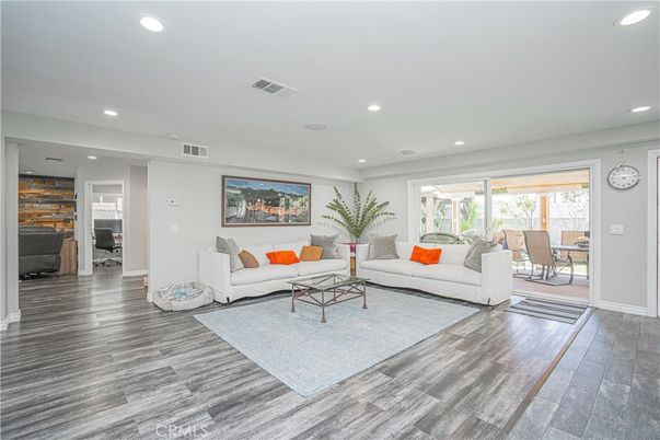 Interior, Living room, Recessed Lighting, Stone Walls, Wood Texture Flooring