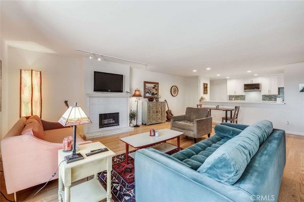 Dining room, Fireplace, Interior, Kitchen, Living room, Recessed Lighting, Wood Texture Flooring