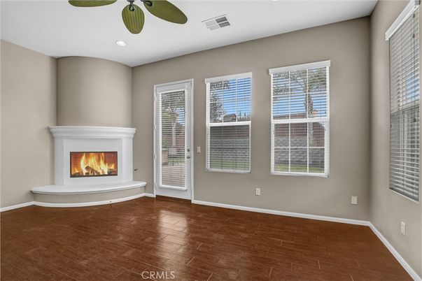 Empty room, Fireplace, Interior, Recessed Lighting, Wood Texture Flooring