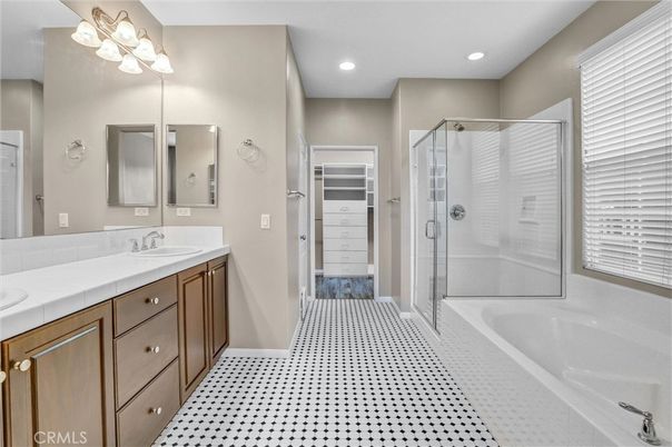 Bathroom, Dual Sink Vanities, Glass Shower, Interior, Recessed Lighting, Tile Countertops