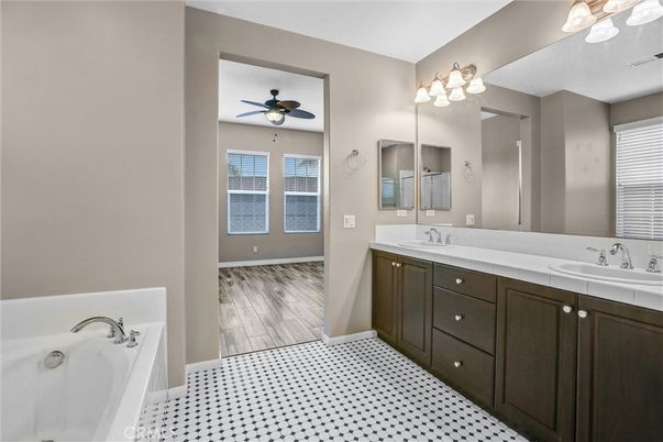 Bathroom, Dual Sink Vanities, Interior, Tile Countertops, Wood Texture Flooring