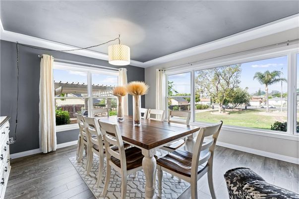 Dining room, Interior, Pendant Lights, Wood Texture Flooring