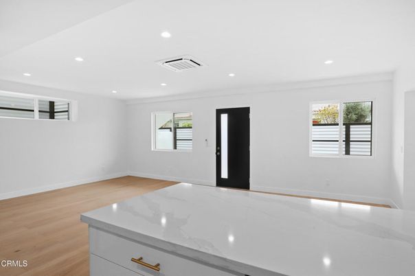 Empty room, Interior, Kitchen, Recessed Lighting, Wood Texture Flooring