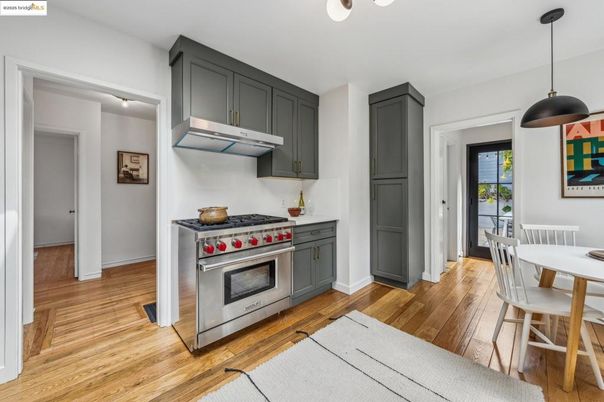 Dining room, Interior, Kitchen, Pendant Lights, Stainless Steel Appliances, Wood Texture Flooring