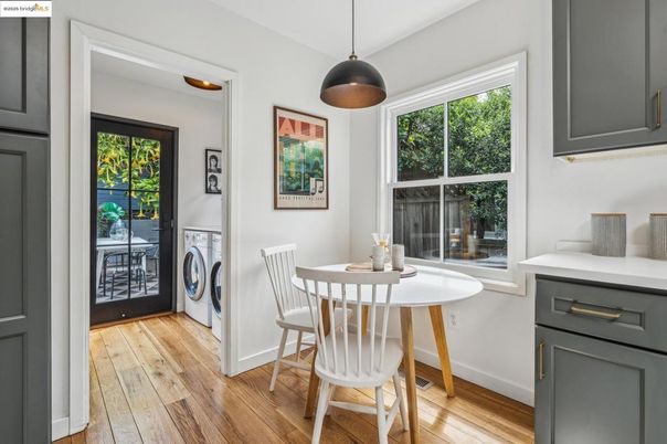 Dining room, Interior, Pendant Lights, Washer, Wood Texture Flooring