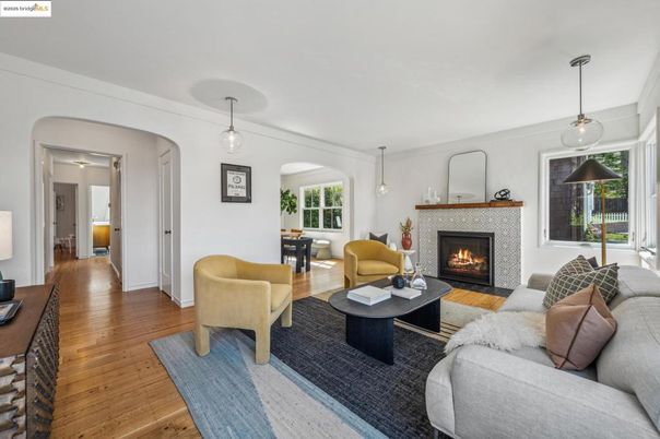 Fireplace, Interior, Living room, Pendant Lights, Wood Texture Flooring
