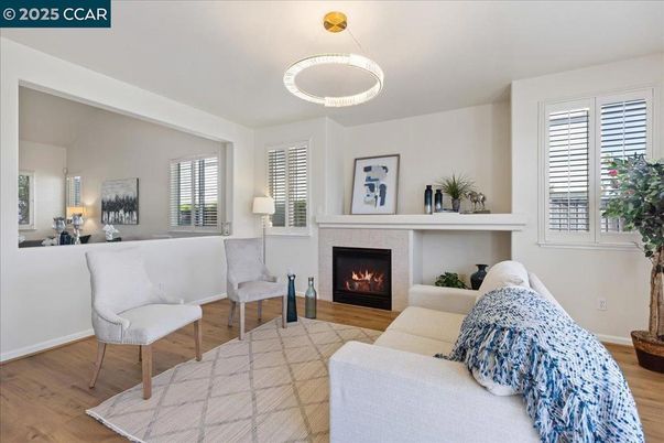Fireplace, Interior, Living room, Pendant Lights, Wood Texture Flooring