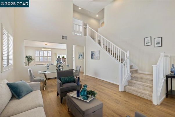Dining room, Interior, Living room, Recessed Lighting, Wood Texture Flooring
