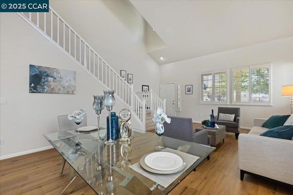 Dining room, Interior, Living room, Recessed Lighting, Wood Texture Flooring