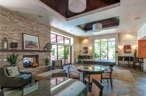 Fireplace, Interior, Living room, Recessed Lighting, Stone Walls