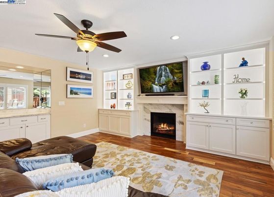 Fireplace, Interior, Living room, Recessed Lighting, Wood Texture Flooring