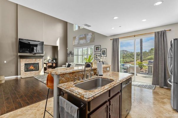 Fireplace, Interior, Kitchen, Recessed Lighting, Wood Texture Flooring