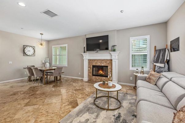 Dining room, Fireplace, Interior, Living room, Pendant Lights, Recessed Lighting