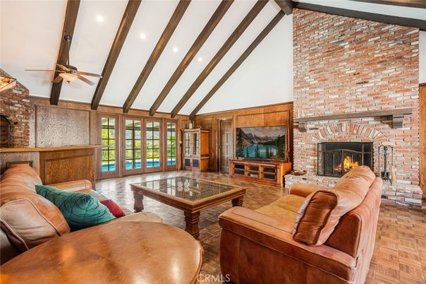 Fireplace, Interior, Living room, Recessed Lighting, Stone Walls, Wooden Beams, Wood Texture Flooring