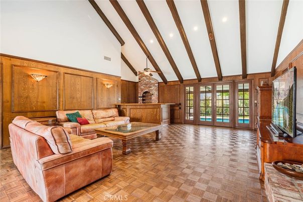 Fireplace, Interior, Living room, Recessed Lighting, Wooden Beams, Wood Texture Flooring, Wooden Walls