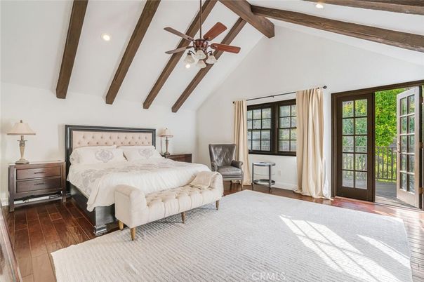 Bedroom, Interior, Recessed Lighting, Wooden Beams, Wood Texture Flooring