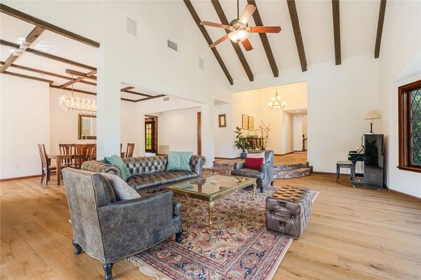 Chandelier, Dining room, Interior, Living room, Wooden Beams, Wood Texture Flooring