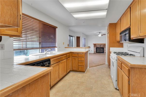 Fireplace, Interior, Kitchen, Tile Countertops