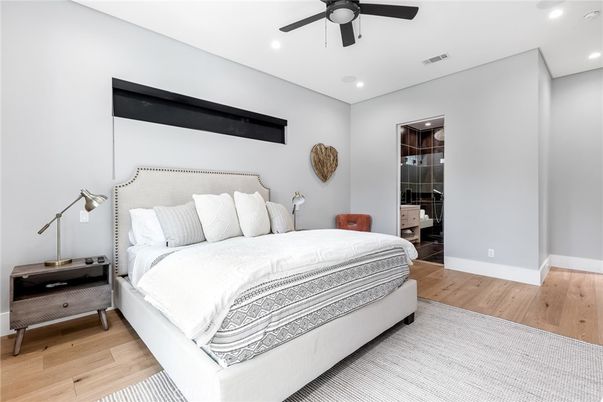 Bedroom, Interior, Recessed Lighting, Wood Texture Flooring