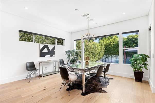 Dining room, Interior, Pendant Lights, Recessed Lighting, Wood Texture Flooring