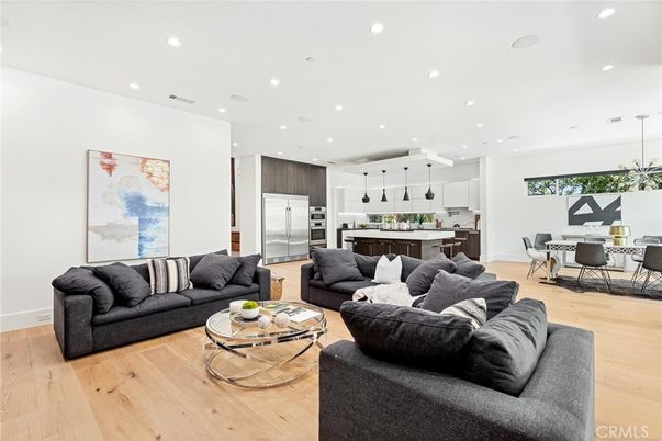 Dining room, Interior, Kitchen, Living room, Pendant Lights, Recessed Lighting, Stainless Steel Appliances, Wood Texture Flooring