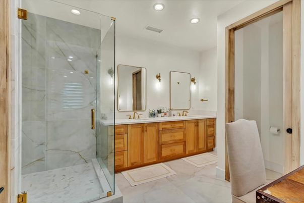 Bathroom, Dual Sink Vanities, Glass Shower, Interior, Marble, Marble Walls, Recessed Lighting
