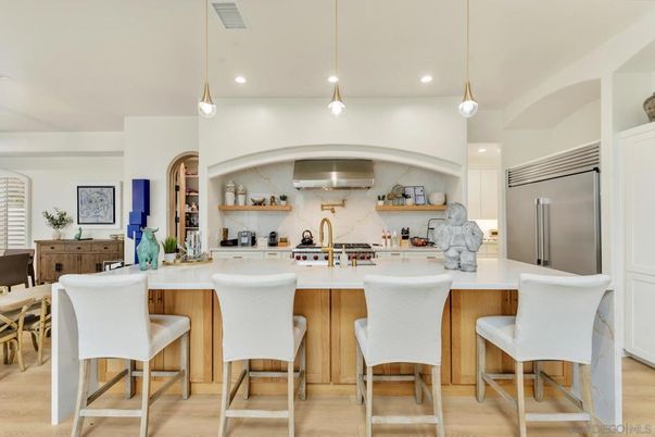 Interior, Kitchen, Marble Walls, Pendant Lights, Recessed Lighting, Stainless Steel Appliances, Wood Texture Flooring