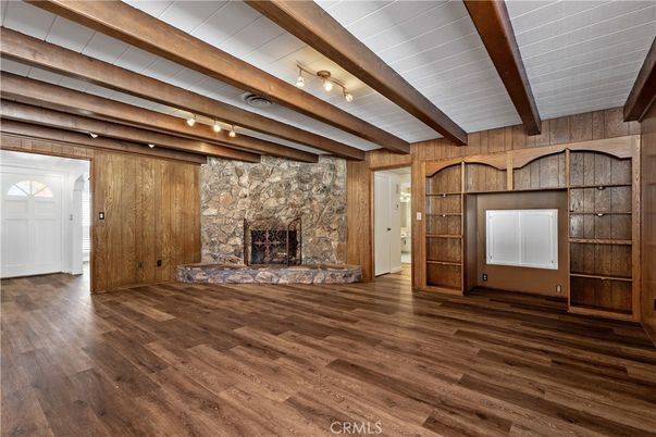 Empty room, Fireplace, Interior, Stone Walls, Wooden Beams, Wood Texture Flooring, Wooden Walls