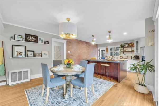 Dining room, Interior, Kitchen, Recessed Lighting, Stone Walls, Wood Texture Flooring