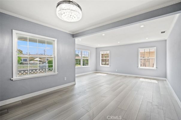 Chandelier, Empty room, Interior, Recessed Lighting, Wood Texture Flooring