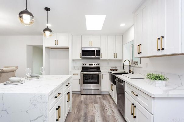 Interior, Kitchen, Pendant Lights, Recessed Lighting, Stainless Steel Appliances, Wood Texture Flooring