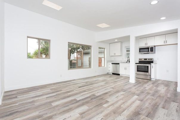 Interior, Kitchen, Recessed Lighting, Stainless Steel Appliances, Wood Texture Flooring