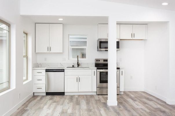 Interior, Kitchen, Recessed Lighting, Stainless Steel Appliances, Wood Texture Flooring
