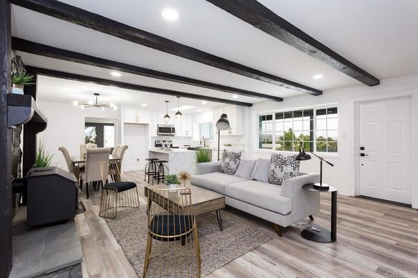 Dining room, Interior, Kitchen, Living room, Pendant Lights, Recessed Lighting, Stainless Steel Appliances, Wooden Beams, Wood Texture Flooring