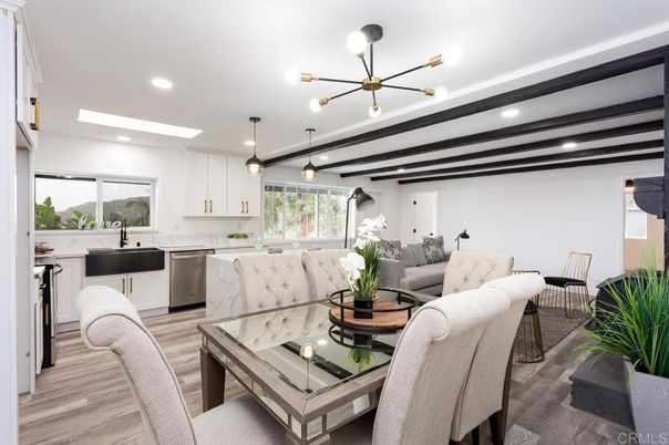 Dining room, Interior, Kitchen, Living room, Pendant Lights, Recessed Lighting, Stainless Steel Appliances, Wood Texture Flooring